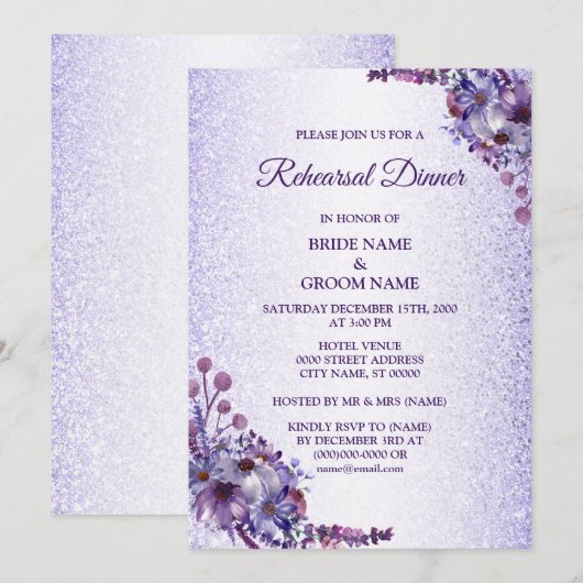 Purple Blue Pink Floral Glitter Rehearsal Dinner Kaart (Voorkant / Achterkant)