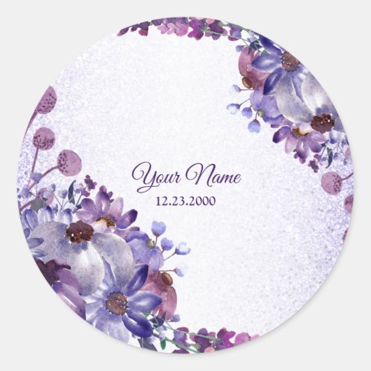 Purple Blue Pink Floral Glitter Wedding Party Ronde Sticker (Voorkant)