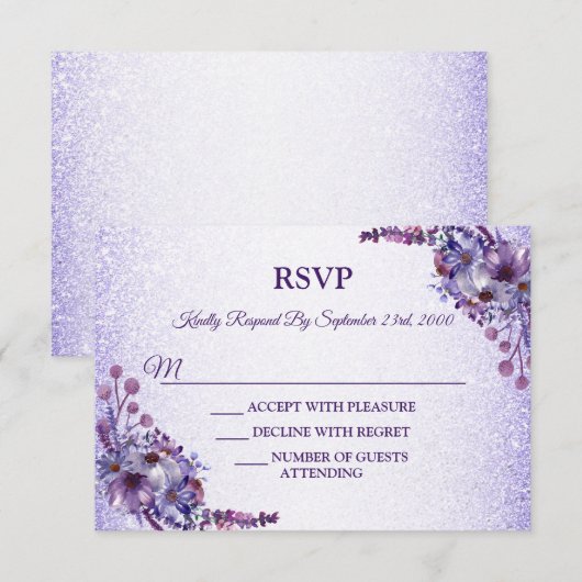 Purple Blue Pink Floral Glitter Wedding Party RSVP Kaartje (Voorkant / Achterkant)