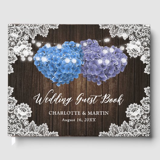 Purple Blue Rustic Wood Floral Lace Burlap Wedding Gastenboek (Voorkant)