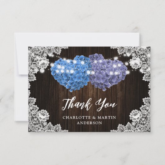 Purple Blue Rustic Wood Lace Floral Wedding Bedankkaart (Voorkant)