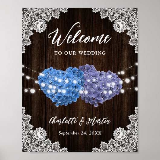 Purple Blue Rustic Wood Lace Wedding Welcome Sign Poster (Voorkant)