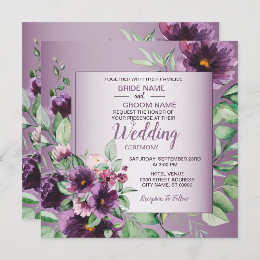 Purple Blush Floral Geometric Greenery Wedding Kaart (Voorkant / Achterkant)