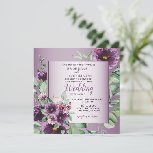 Purple Blush Floral Geometric Greenery Wedding Kaart (Staand voorkant)