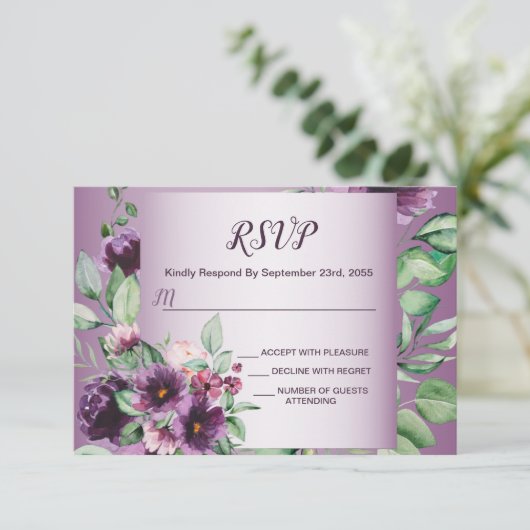 Purple Blush Floral Geometric Greenery Wedding RSVP Kaartje (Staand voorkant)