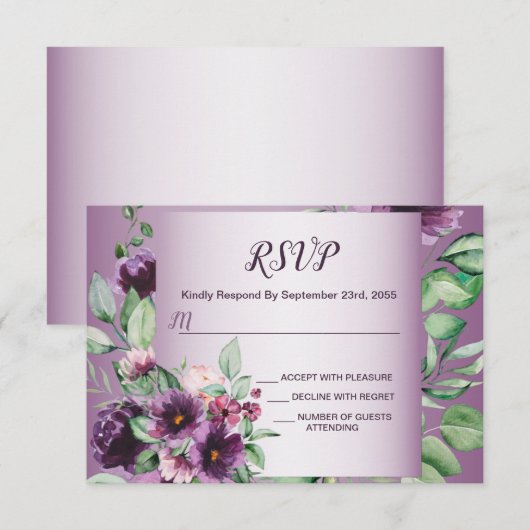 Purple Blush Floral Geometric Greenery Wedding RSVP Kaartje (Voorkant / Achterkant)
