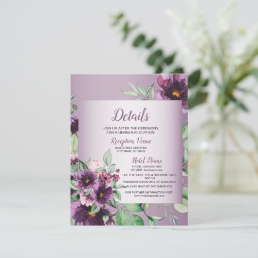 Purple Blush Flowers Geometric Greenery Detail Informatiekaartje (Staand voorkant)