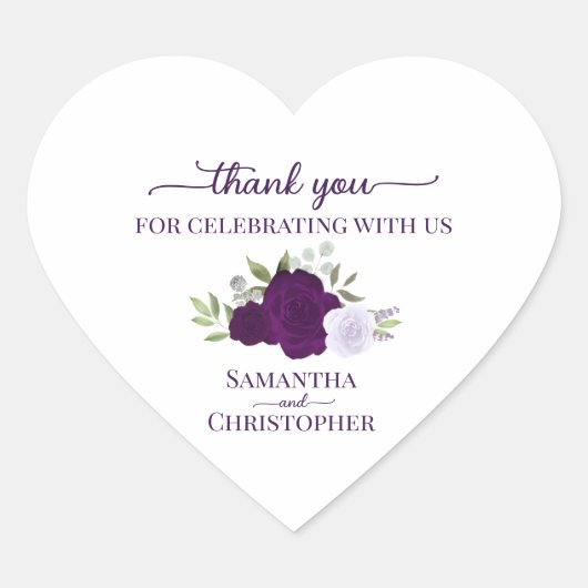 Purple Boho Chic Roses Elegant Wedding Thank You Hart Sticker (Voorkant)
