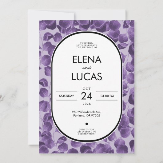 Purple Botanical Eucalyptus Wedding Invitation Kaart (Voorkant)