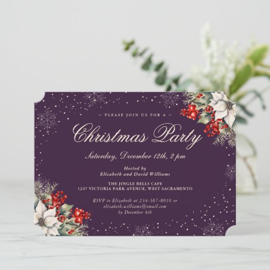 Purple Botanical Snowflake Christmas Holiday Party Kaart (Staand voorkant)