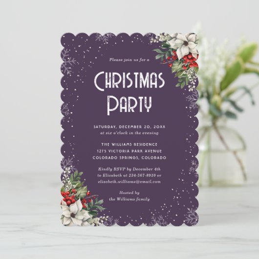 Purple Botanical Snowflake Christmas Party Kaart (Staand voorkant)