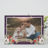 Purple Botanical Snowflake Photo Happy New Year Feestdagenkaart (Staand voorkant)