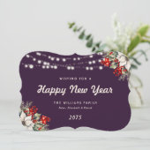 Purple Botanical String Lights New Year Card Feestdagenkaart (Staand voorkant)