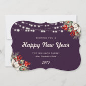 Purple Botanical String Lights New Year Card Feestdagenkaart (Voorkant)