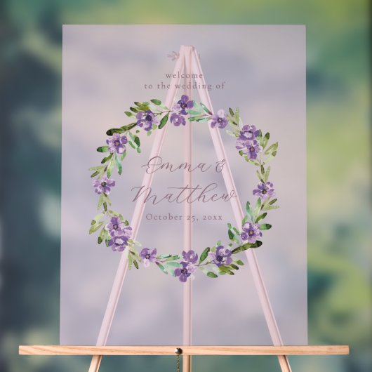 Purple Botanical Wreath Wedding Welcome Sign Acryl Bord (Neutraal)