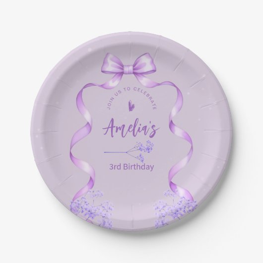 Purple Bow Birthday Any Age Papieren Bordje (Voorkant)