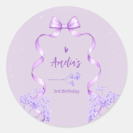 Purple Bow Birthday Any Age Ronde Sticker (Voorkant)