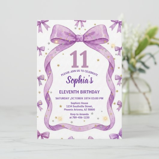 Purple Bow Birthday Invite, Girls 11th Birthday  Kaart (Staand voorkant)