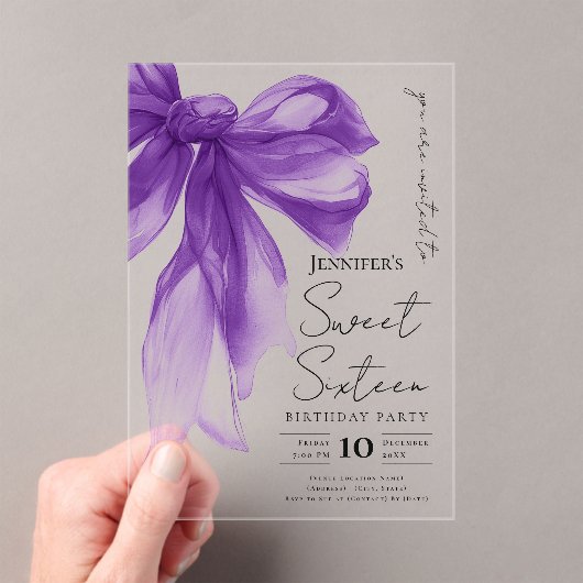 Purple Bow Coquette Script Sweet 16 Party Acryl Uitnodigingen (Insitu (Draagbaar))