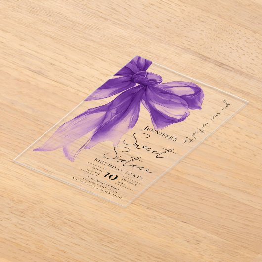 Purple Bow Coquette Script Sweet 16 Party Acryl Uitnodigingen (Laagn)