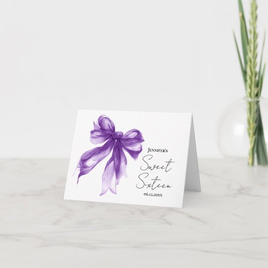 Purple Bow Coquette Script Sweet 16 Thank You  Bedankkaart (Voorkant)