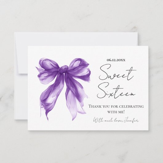 Purple Bow Coquette Script Sweet 16 Thank You  Bedankkaart (Voorkant)
