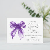 Purple Bow Coquette Script Sweet 16 Thank You  Bedankkaart (Staand voorkant)