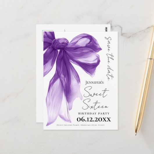 Purple Bow Coquette Sweet 16 Save the Date  Briefkaart (Voorkant / Achterkant in situ)