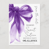 Purple Bow Coquette Sweet 16 Save the Date  Briefkaart (Voorkant)