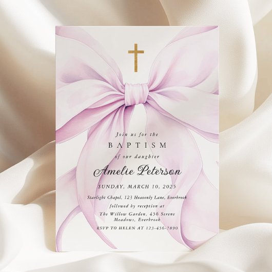 Purple Bow Girl Baptism Invitation Kaart