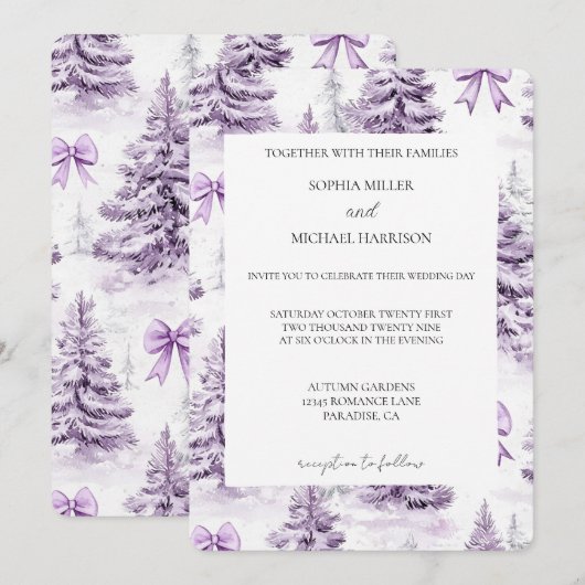 Purple Bows Christmas Trees Wedding Kaart (Voorkant / Achterkant)