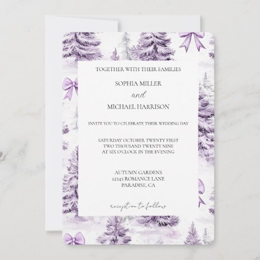 Purple Bows Christmas Trees Wedding Kaart (Voorkant)