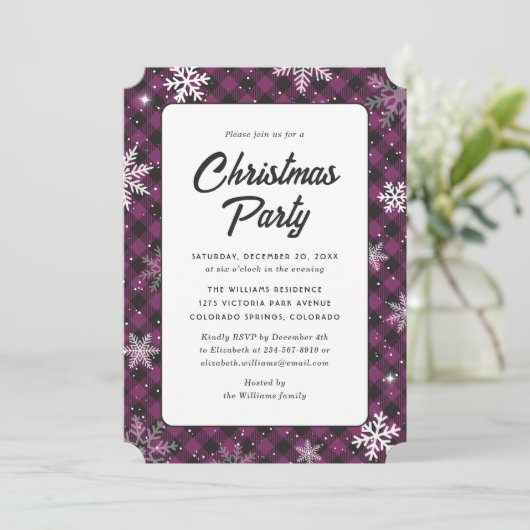 Purple Buffalo Plaid Snowflake Christmas Party Kaart (Staand voorkant)