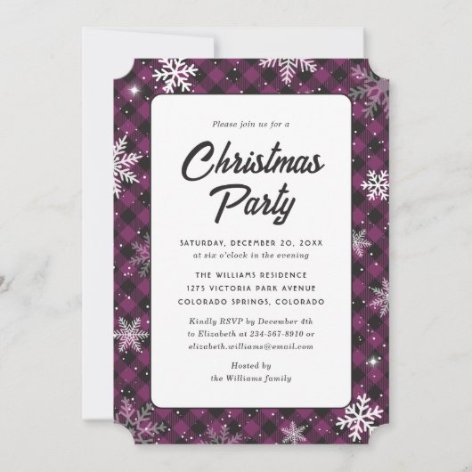 Purple Buffalo Plaid Snowflake Christmas Party Kaart (Voorkant)