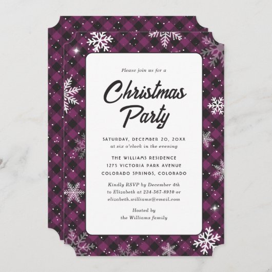 Purple Buffalo Plaid Snowflake Christmas Party Kaart (Voorkant / Achterkant)