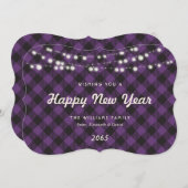 Purple Buffalo Plaid String Lights New Year Card Feestdagenkaart (Voorkant / Achterkant)