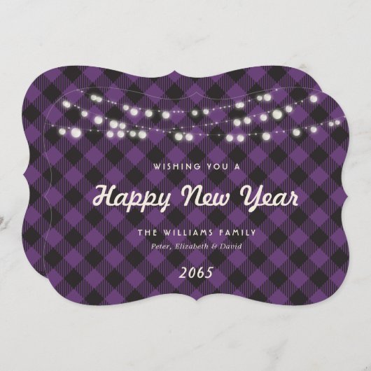 Purple Buffalo Plaid String Lights New Year Card Feestdagenkaart (Voorkant / Achterkant)