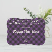 Purple Buffalo Plaid String Lights New Year Card Feestdagenkaart (Staand voorkant)