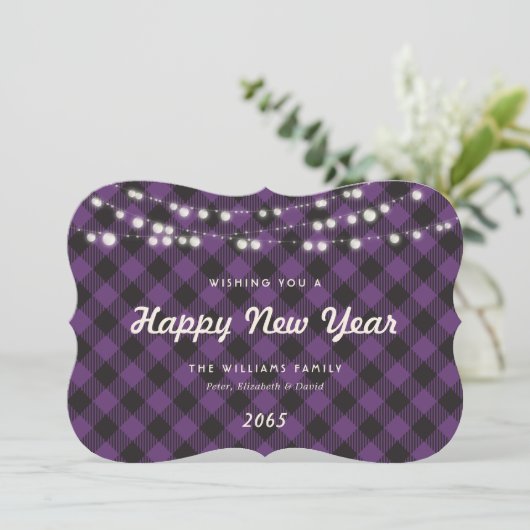 Purple Buffalo Plaid String Lights New Year Card Feestdagenkaart (Staand voorkant)