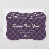 Purple Buffalo Plaid String Lights New Year Card Feestdagenkaart (Voorkant)