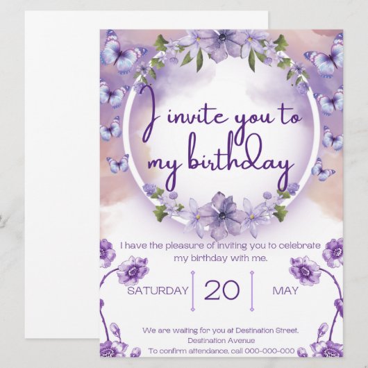 Purple butterflies birthday invitation (Voorkant / Achterkant)
