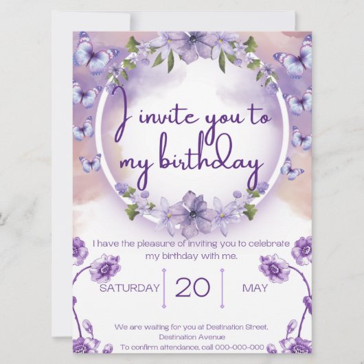 Purple butterflies birthday invitation (Voorkant)