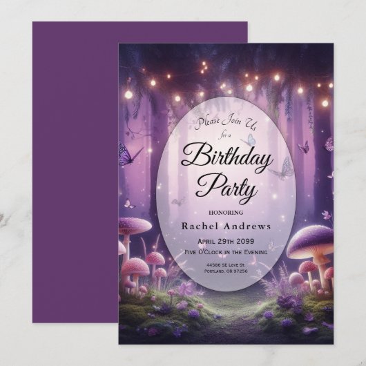 Purple Butterflies in Starlit Skies Birthday Party Kaart (Voorkant / Achterkant)