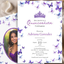 Purple Butterflies Tiara Photo 15 XV Quinceanera Kaart
