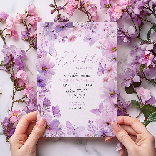 Purple Butterfly Floral Baby Shower Enchanted Kaart