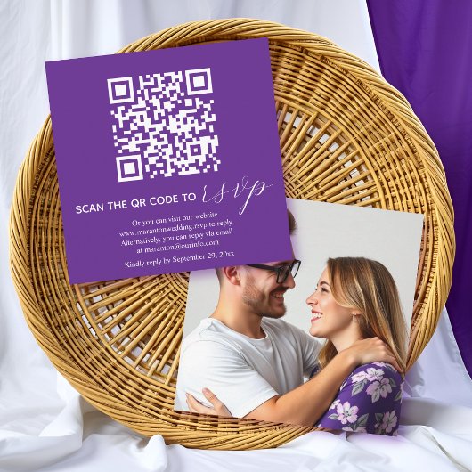 Purple calligraphy QR code RSVP photo wedding Informatiekaartje