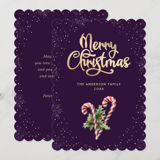 Purple Candy Cane Holly Berries Christmas Feestdagenkaart (Voorkant / Achterkant)