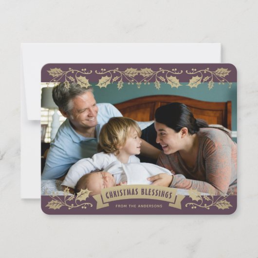Purple Christmas Blessings Holly Berries Photo Feestdagenkaart (Voorkant)