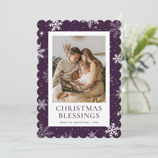 Purple Christmas Blessings Snowflake Photo Feestdagenkaart (Staand voorkant)