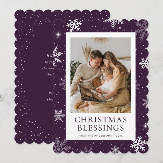 Purple Christmas Blessings Snowflake Photo Feestdagenkaart (Voorkant / Achterkant)